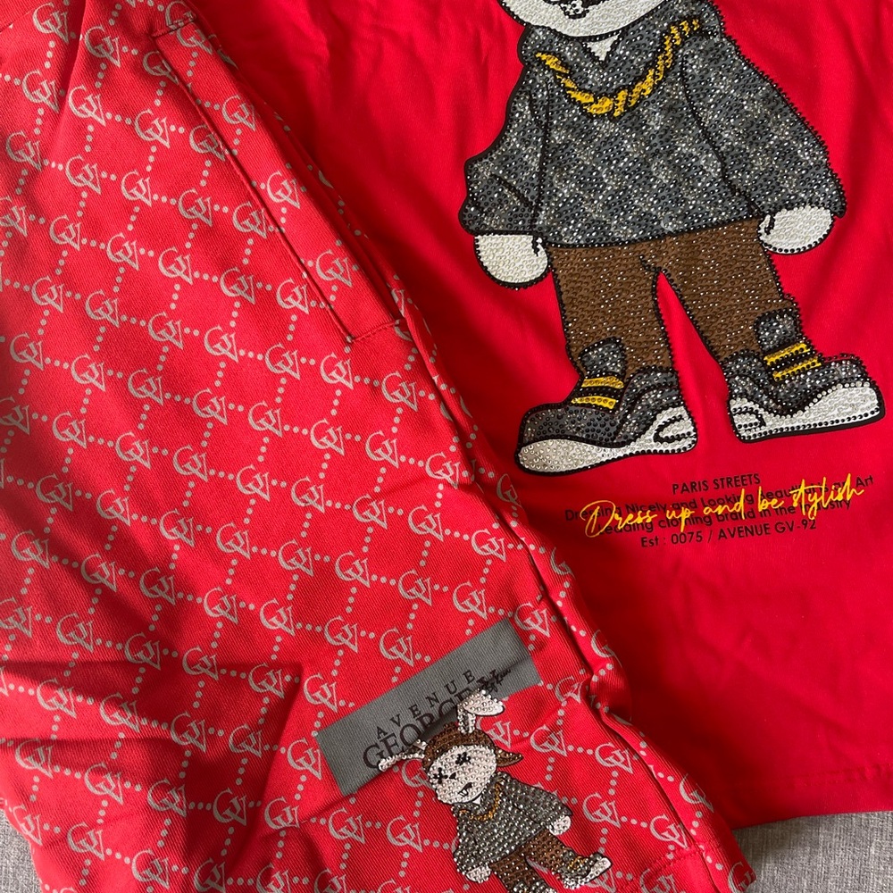 Avenue George V Paris Short Set Men's Red 2 piece set Rabbit Rhinestone Large - Picture 5 of 6